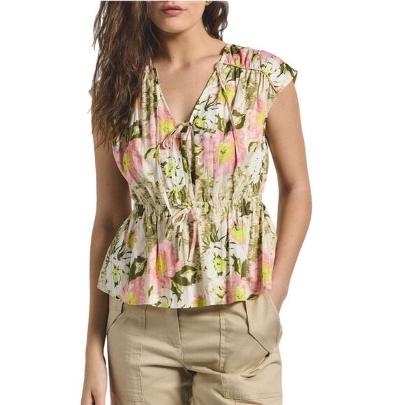 NWT Derek Lam 10 Crosby Caroline Floral Double Tie Cotton Top In Safari multi. - Picture 2 of 12